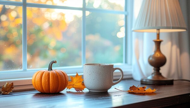 A cozy autumn scene with a pumpkin, ceramic mug, and dried leaves on a wooden window sill. Warm light and a blurred fall background create a peaceful seasonal mood.