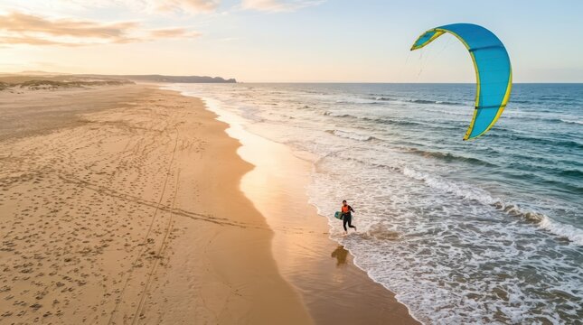 Kite surfer launching into the ocean waves at a sandy beach during a sunny day