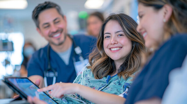 Hispanic child and mother listening attentively as a diverse pediatric medical team explains a treatment plan in a hospital room, doctor pointing to a tablet with medical information, reassuring fam
