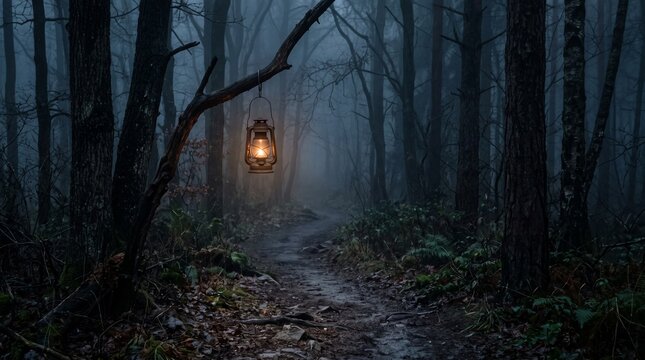 An old lantern with a glowing light hangs from a tree branch over a mysterious, foggy forest path at dusk