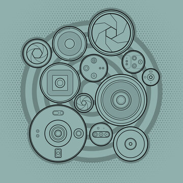 Sage green concentric rings behind camera iris and lens designs