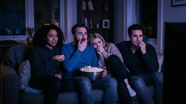 Friends on a couch in a dimly lit living room watching a scary movie and reacting with fear and surprise