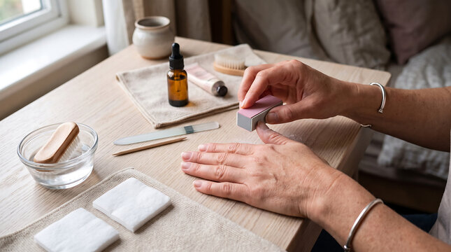 Woman filing fingernails with a block buffer at a beauty home station nail care nail file self care