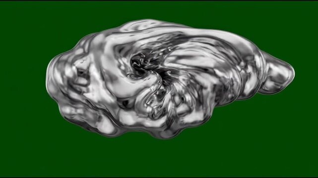 Liquid chrome intelligent fluid morphing continuously against a dark chroma green background demonstrating heavy liquid metal surface tension.