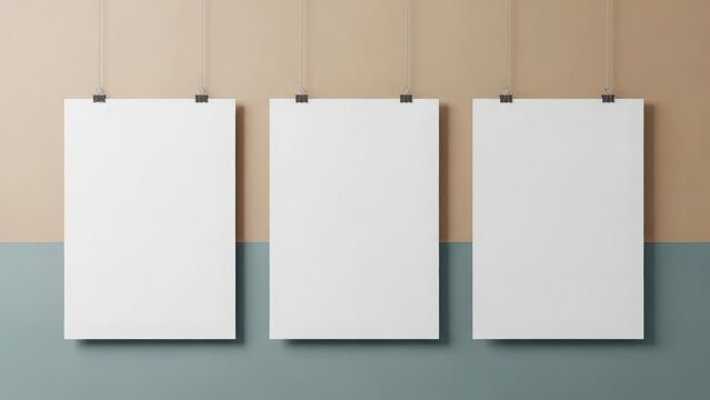 Three blank white posters hanging on a beige and blue wall
