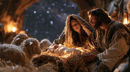Obraz premium Reverent Nativity scene in ancient Bethlehem with Mary, Joseph and newborn Jesus Christ gathered around a wooden manger, soft straw beneath the baby, gentle sheep positioned peacefully beside the Ho