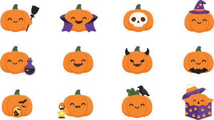 Fototapeta premium Set of festive pumpkin illustrations for autumn harvest celebrations and seasonal holiday graphic design projects