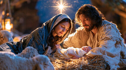 Obraz premium Serene Holy Night scene with the Holy Family surrounding newborn Jesus Christ in a rustic manger, Mary and Joseph dressed in historically inspired biblical garments, peaceful sheep resting nearby, r