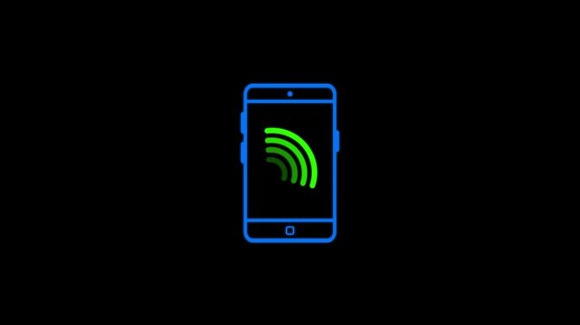 Simple line art icon of a smartphone displaying a loading or buffering wi fi signal on a clean black background