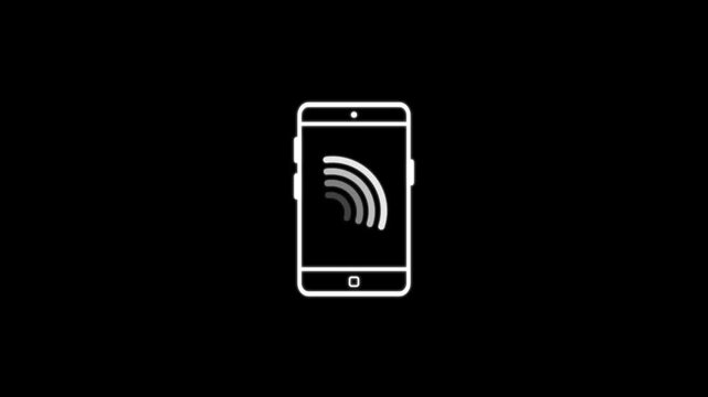 Simple line art icon of a smartphone displaying a loading or buffering wi fi signal on a clean black background