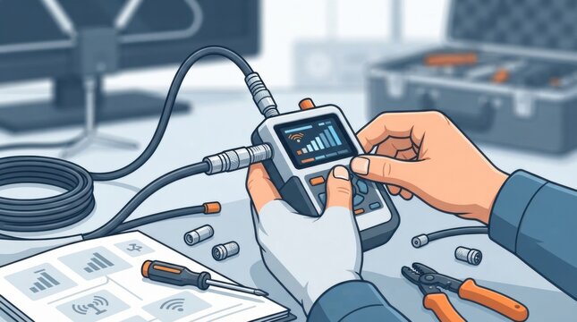 tv antenna signal meter technician closeup Technician using diagnostic tool to test and analyze electronic device.