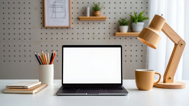 Modern home office workspace with laptop and wooden desk lamp on white table