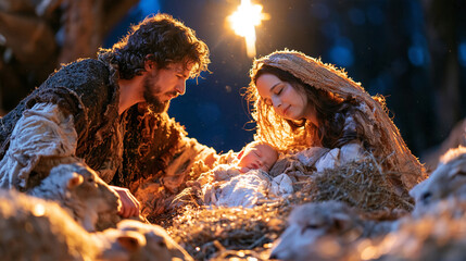 Fototapeta premium The Holy Family gathered around a humble manger beneath a brilliant Bethlehem star, newborn Jesus Christ sleeping peacefully while Mary and Joseph look upon Him with love, several sheep resting quie