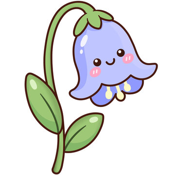 Cute purple bellflower character kawaii style isolated element, sweet floral vector graphic art
