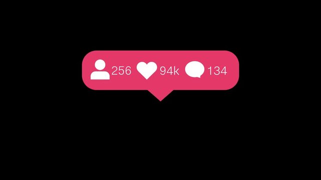 A sleek pink horizontal notification bar appearing on a black canvas to show increasing numbers for social media engagement metrics like followers and comments in a modern web UI animations.