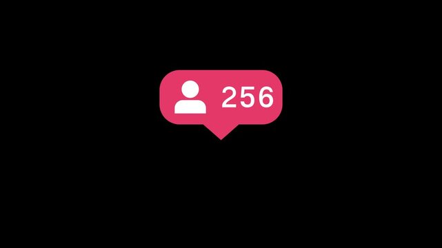 A stylish pink follower notification icon popping up with an increasing number counter on a dark screen, highlighting personal brand growth, audience building, and successful UI web designs.