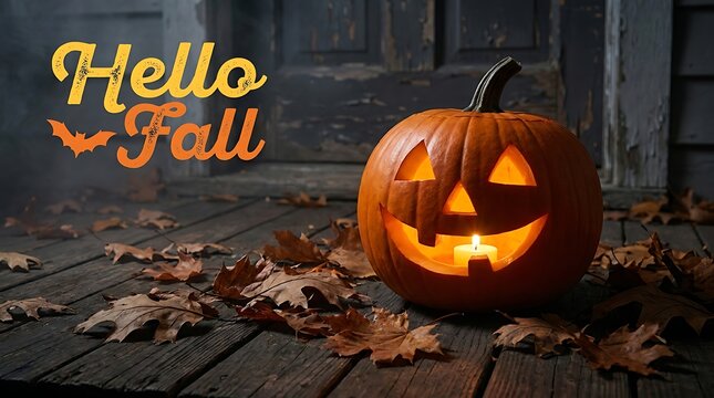 Jack o lantern on porch with autumn leaves