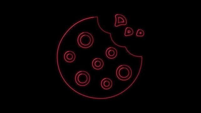 Red neon glowing bitten cookie icon animation on black background