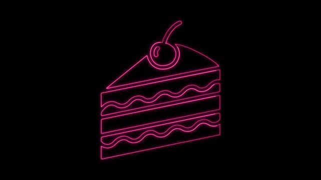 Neon cake slice with cherry, glowing pink sign animation on black background, digital concept