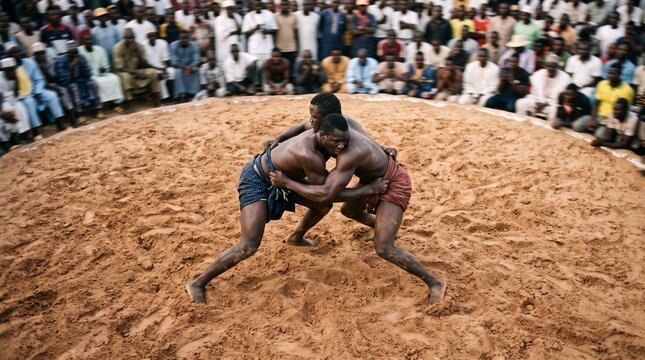 African wrestlers engage in a fierce bout on a sandy arena surrounded by an enthusiastic crowd