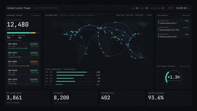 Experience the dynamic interface of a global supply chain control tower showcasing real-time shipment status with vibrant colors and sleek design elements in dark mode.