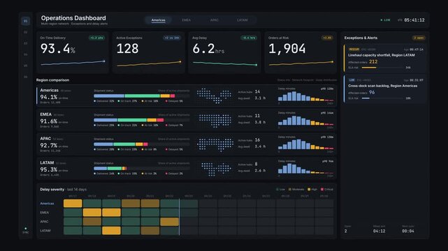 Explore a sleek multi-region supply chain operations dashboard featuring exception and delay alerts in a modern dark-mode interface with vibrant color highlights.
