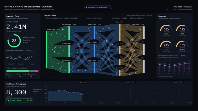 A modern supply chain operations center display showcases inventory flow, fulfillment throughput, and transportation capacity in a high-tech dark-mode interface.