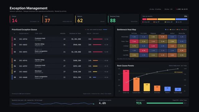 A dynamic supply chain exception management dashboard visualizes delayed shipments and operational bottlenecks with prioritized rankings and interactive graphics in dark mode.