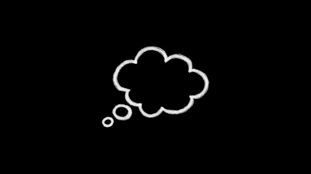 A fluffy white outline cloud shaped thought bubble appearing against a pitch black background, symbolizing personal reflections, cognitive ideas, daydreamings, and creative mental processes.