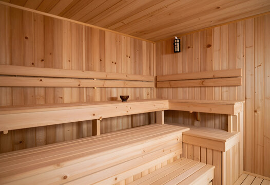 Wellness and relaxation, empty wooden sauna interior with cedar benches for spa therapy, heat treatment and stress relief in a modern health club facility