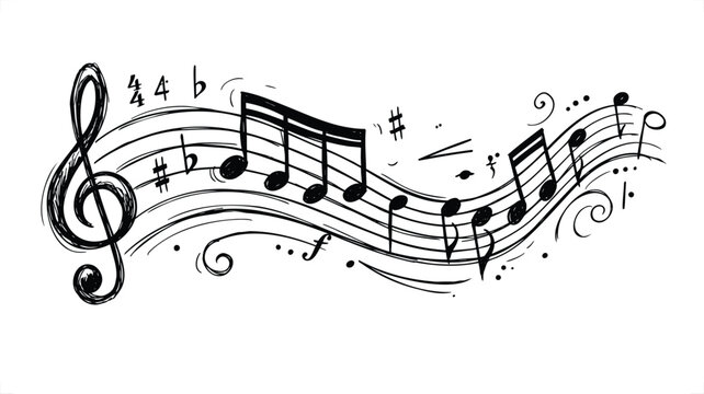 Artistic hand-drawn musical notes on wavy staff, sketchy black ink music notation vector, creative melody illustration with treble clef and swirls