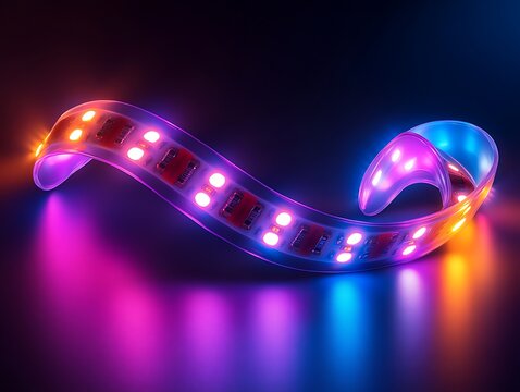 Flexible led light strip with vibrant pink and blue colors glowing against dark background for modern creative lighting design.