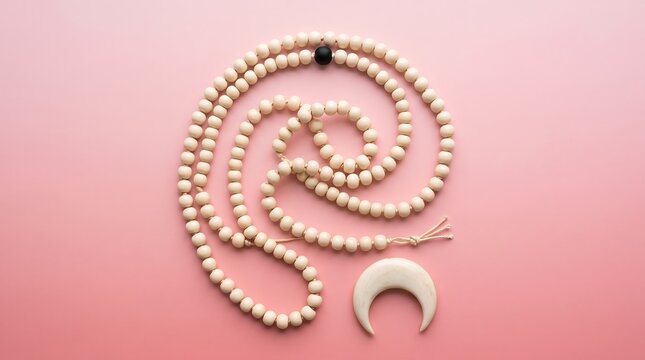 beige wooden prayer beads with a black bead and white crescent moon on a pink background for meditation.