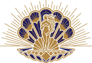 Majestic elegant art deco birth of venus goddess standing inside a golden seashell with radiating sunburst rays representing ancient greek mythology and classic sacred feminine beauty. © VectaNoor