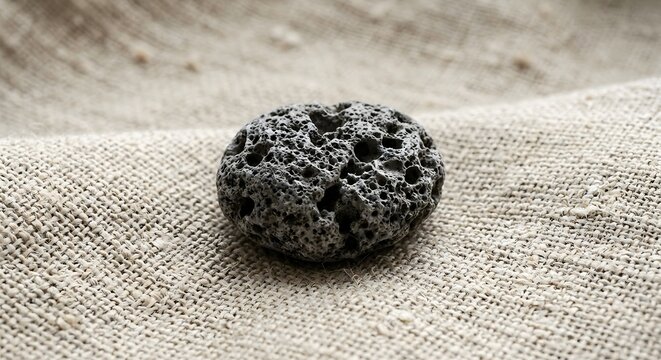 Macro still life of porous pumice stone resting on raw unbleached linen