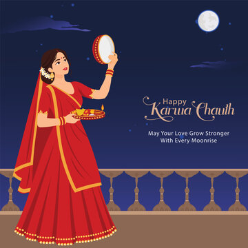 Happy Karwa Chauth Indian Woman Celebrating Holding Sieve Vector Illustration Post Design