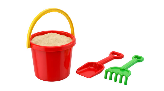 Plastic sand bucket with shovel and rake isolated on transparent background