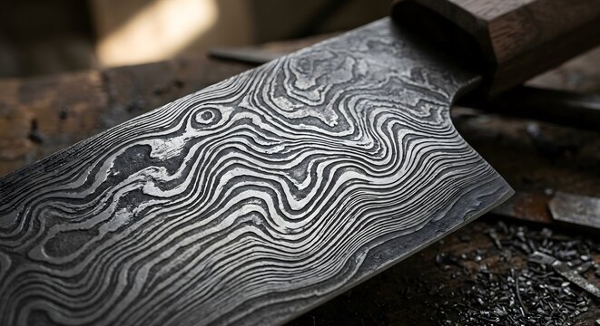 Extreme macro of acid-etched matte Damascus steel forged pattern