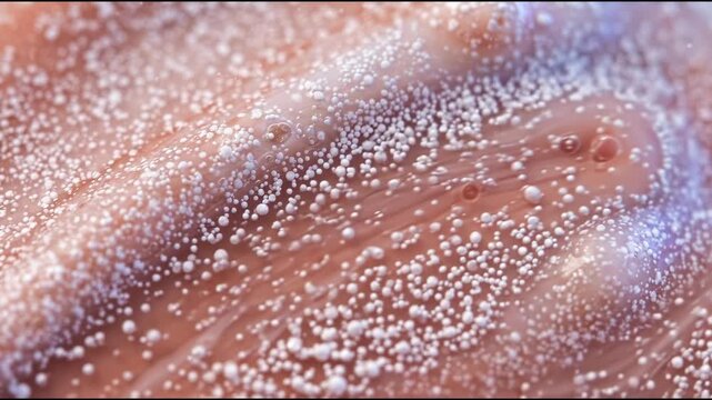 Mineral sunscreen dispersion, microscopic white mineral particles suspended evenly in a creamy fluid, titanium white and muted coral palette, dense co