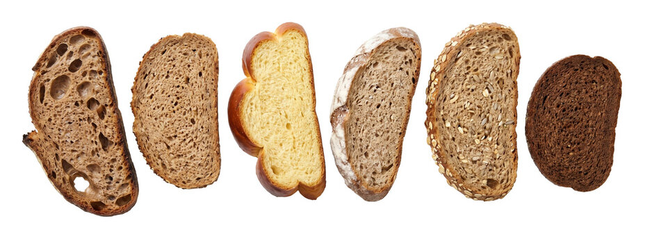 Variety of freshly baked bread slices including sourdough, whole wheat, multigrain, and dark rye are displayed in a row, highlighting the diverse textures and crumbs of bakery products