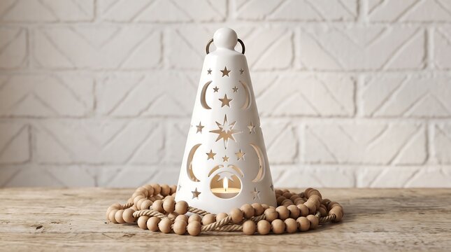 white ceramic lantern with star and moon cutouts casting a warm glow on wooden surface with prayer beads.