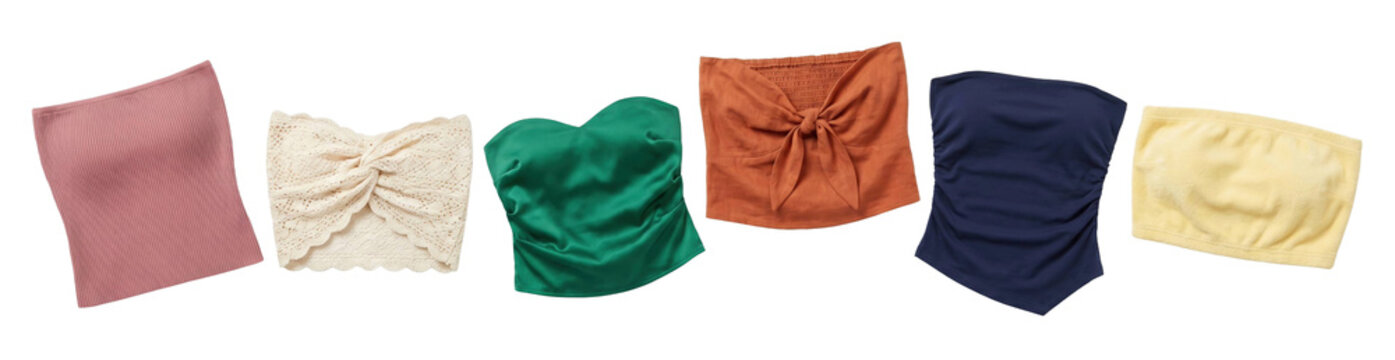 Collection of colorful women's strapless tops in various styles and fabrics, including satin, crochet, and ribbed knit, arranged in a fashionable flat lay composition