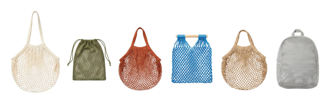 Collection of colorful reusable mesh bags for eco-friendly shopping, including string totes, a drawstring pouch, and a small backpack, arranged in a neat horizontal line
