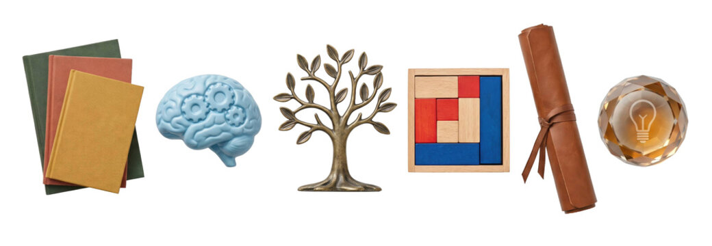 Collection of symbolic objects representing knowledge and growth, including books, a brain with gears, a tree of life, a logic puzzle, a scroll, and a crystal with an idea icon