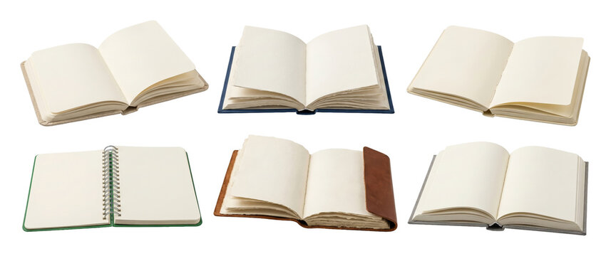 Six open blank notebooks, journals, and sketchbooks are arranged, revealing their diverse covers and textured pages, ready for creative expression