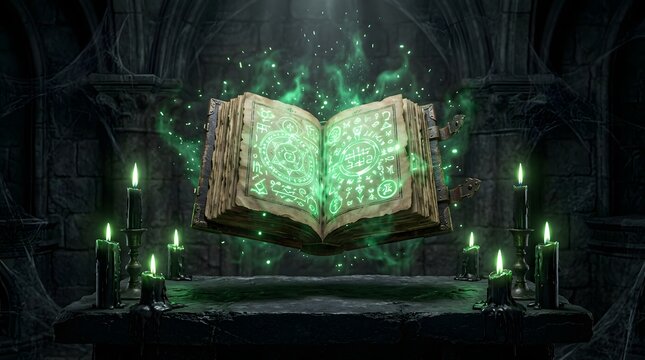 Ancient open witch spell book floating with glowing green magic symbols in a dark dungeon