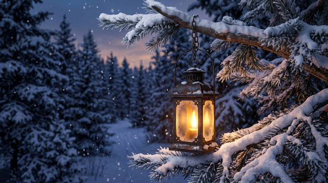 Vintage lantern hanging from snow covered pine tree branch