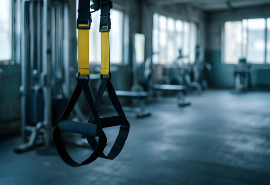 Fitness training and physical health, suspension straps for bodyweight exercise in a gym with blurred background for wellness and strength development