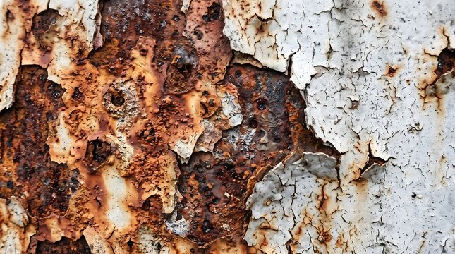 Aged metal surface with heavy corrosion and peeling white paint creating abstract cracked texture.