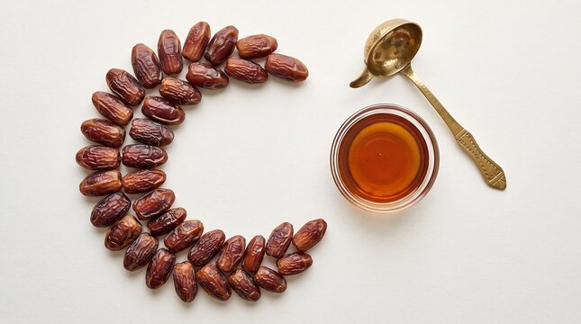 Dried date fruits arranged in crescent shape with honey bowl and golden ladle for ramadan concept photography.